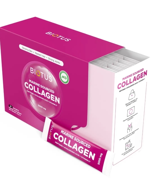 Морской коллаген Biotus Marine Sourced Collagen Peptid+Hyaluronic Acid с гиалуроновой кислотой и витамином С порошок 5000 мг №30 в саше