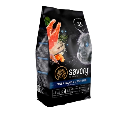 Корм сухой для длинношерстных кошек Savory Adult Cat Gourmand Fresh Salmon & White Fish со свежим лососем и белой рыбой, 2 кг