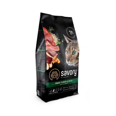 Корм сухой для котов Savory 30051 со свежим мясом индейки и уткой, 2 кг.