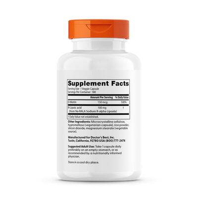R-липоевая кислота Doctor's Best Stabilized R-Lipoic Acid with BioEnhanced Na-RALA 100 мг, 180 капсул