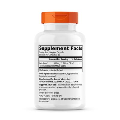 Пищеварительный пробиотик Doctor's Best Digestive Probiotic 2 Billion with LactoSpore 2 млрд КОЕ, 60 вегетарианских капсул
