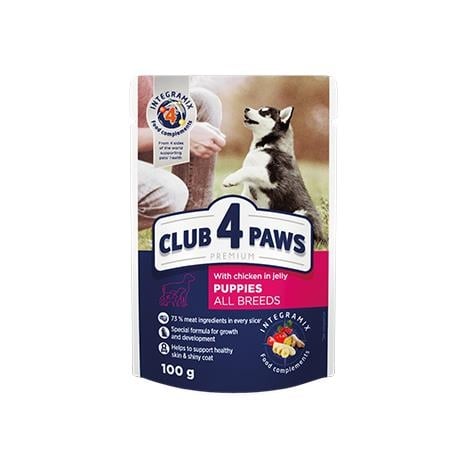Корм влажный Club 4 Paws для щенков всех пород с Курицей в желе Премиум, 100 г