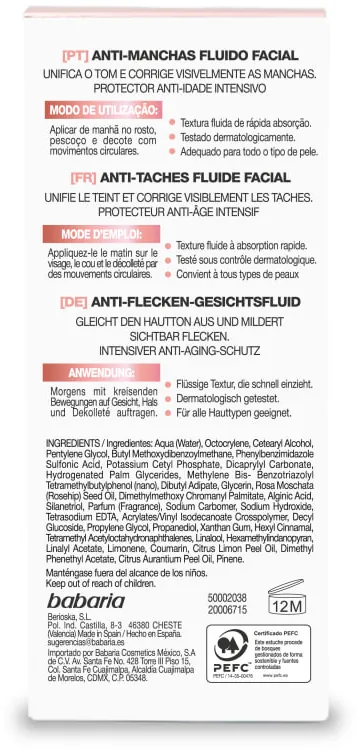 Флюїд для обличчя Babaria SPF 20 проти пігментних плям, 40 мл