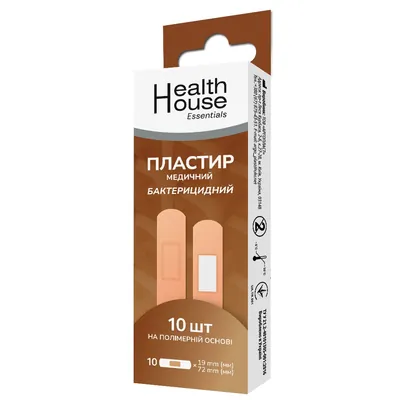 Пластир медичний бактерицидний Health House Essentials на полімерній основі розмір 1,9 см х 7,2 см, 10 штук