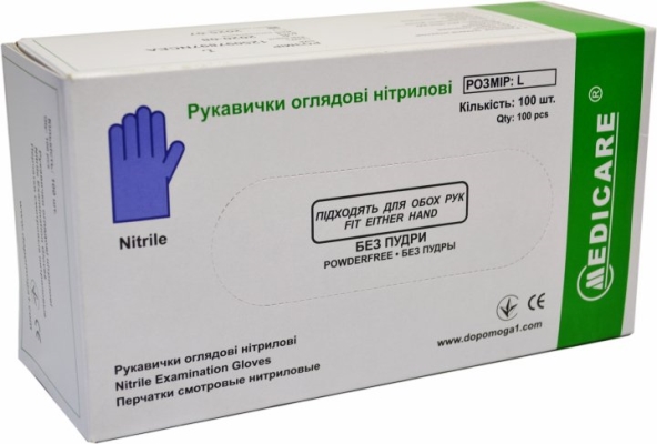 Перчатки смотровые Medicare нитриловые без пудры нестерильные, голубые, размер L, 100 штук