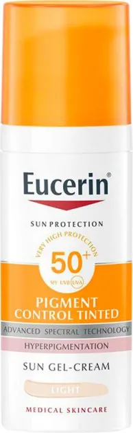 Гель-крем сонцезахисний для обличчя Eucerin Sun Protection SPF50+ Pigment Control з тонуючим ефектом світлий тон (66872), 50 мл