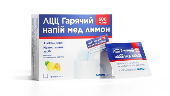 Ацц гарячий напій мед лимон порошок д/ор. р-ну по 600 мг №6 у пак.