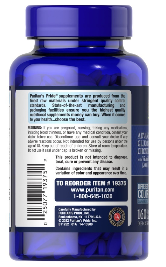 Хондропротектор Puritan's Pride Triple Strength Glucosamine & Chondroitin with Vitamin D3, 160 каплет