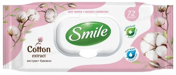 Серветки вологі Smile Cotton Extract з екстрактом бавовни, з клапаном, 72 шт