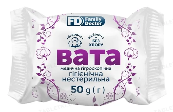Вата нестерильна FD Family Doctor медична гігроскопічна, гігієнічна, ролик 50 г