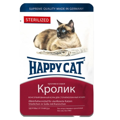 Корм влажный Happy Cat для стерилизованных кошек в виде кусочков в соусе с кроликом, 100 г, 1004214
