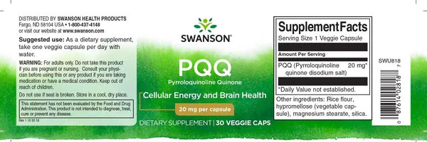 Піролохінолін хінон Swanson PQQ Pyrroloquinoline Quinone 20 мг, 30 капсул