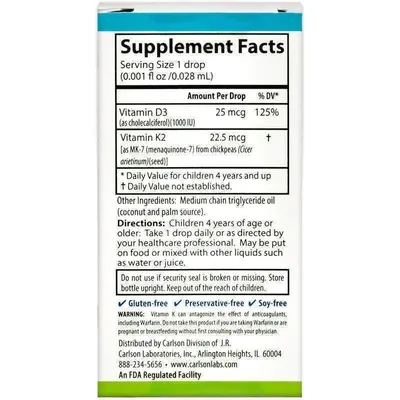 Вітамін D3 та К-2 для дітей Carlson Labs Super Daily D3 + K2, 10,16 мл