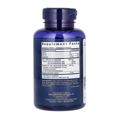 Супер Омега-3 Life Extension Super Omega-3 EPA/DHA Fish Oil, Sesame Lignans & Olive Extract, 120 мягких капсул