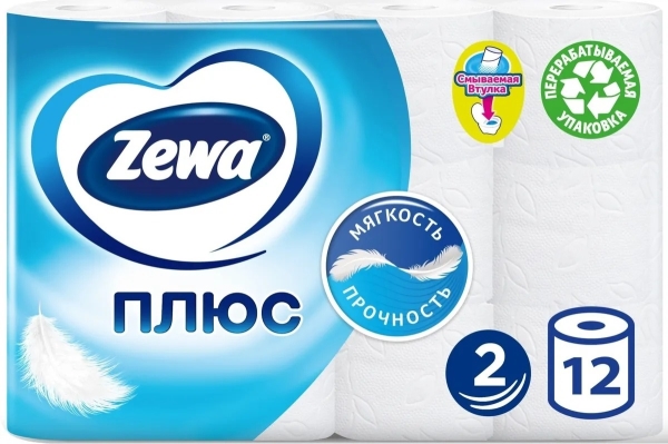 Туалетная бумага Zewa Плюс Белая двухслойная, 12 рулонов