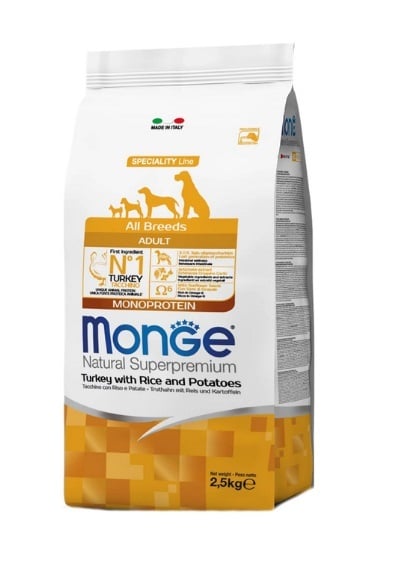Корм сухой Monge Dog All Breeds Adult для собак всех пород индейка с рисом и картофелем, 2,5 кг