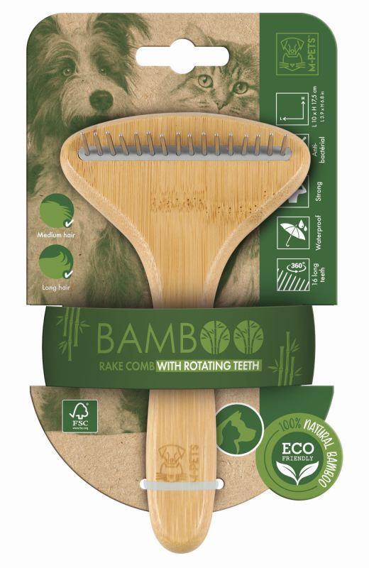 Расческа M-Pets Bamboo Rake Comb with Rotating Teeth с вращающимися зубцами из бамбука для собак и кошек, 16 зубчиков