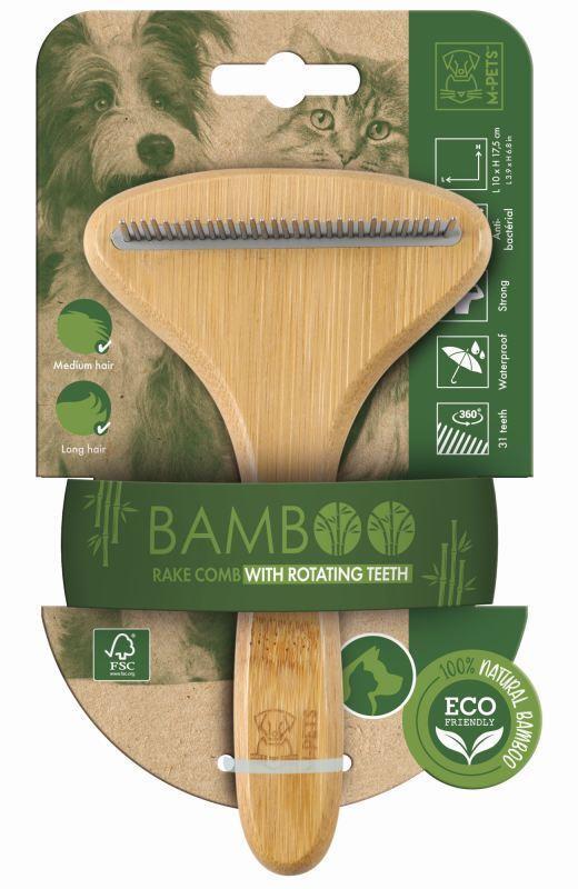 Расческа M-Pets Bamboo Rake Comb with Rotating Teeth с вращающимися зубцами из бамбука для собак и кошек, 31 зубчик