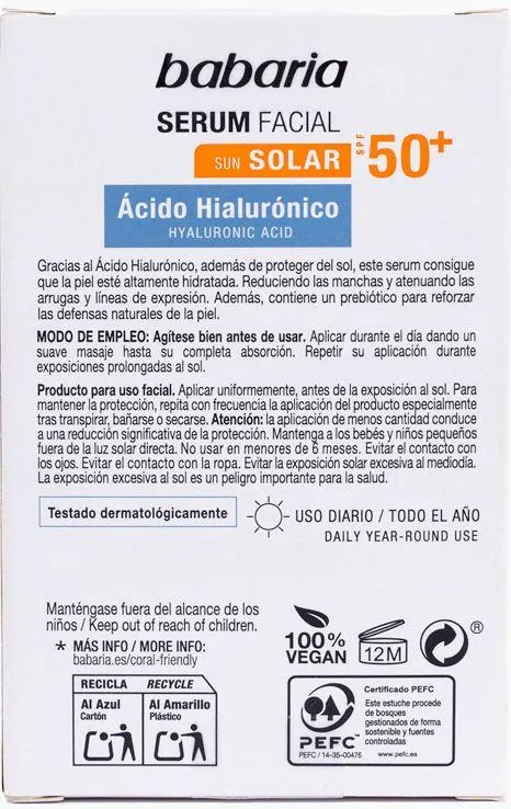 Сироватка сонцезахисна для обличчя Babaria Sun SPF50+ з гіалуроновою кислотою, 30 мл