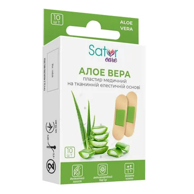 Пластир бактерицидний Sator Care Aloe Vera на тканинній еластичній основі з алое вера 2,5 см х 7,2 см, 10 штук