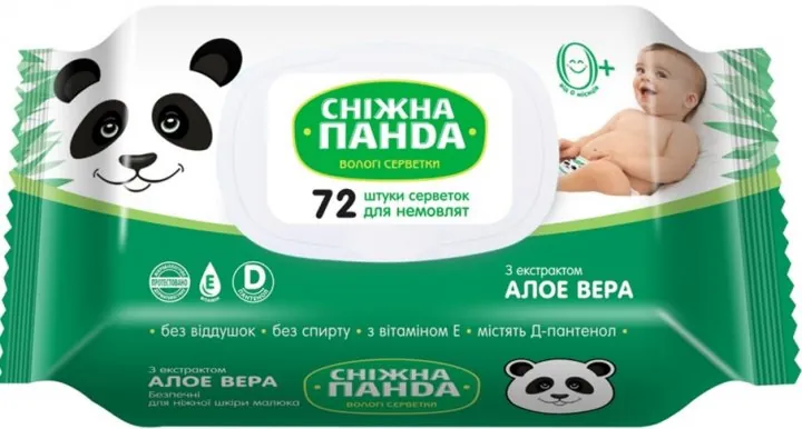 Серветки вологі Сніжна Панда для немовлят з екстрактом алое вера, 72 шт