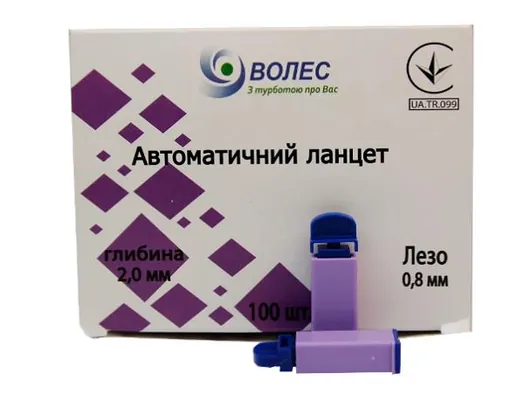 Ланцети Волес глибина проколу 2,0 мм, стерильні G21 (0,8 мм), 100 штук