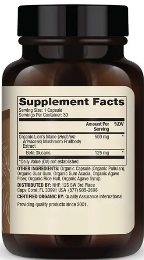 Гриб львиная грива Dr. Mercola Organic Lion's Mane Mushroom Extract 500 мг, 30 капсул