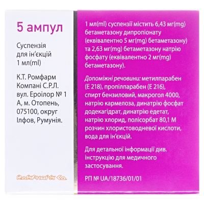 Бетафос суспензія д/ін. 5 мг/2 мг/мл по 1 мл №5 в амп.