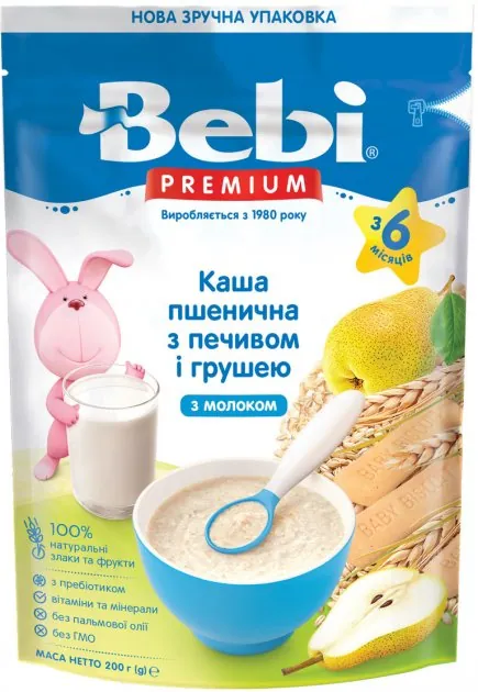 Каша молочна Bebi Premium Пшенична з печивом і грушею, з 6 місяців, 200 г