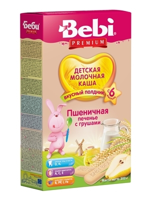 Каша молочная Bebi Premium Пшеничная с печеньем и грушей, с 6 месяцев, 200 г