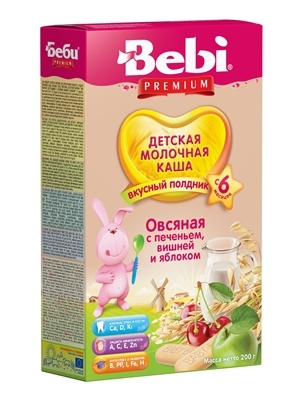 Каша молочная Bebi Premium Овсяная с печеньем, вишней и яблоком, с 6 месяцев, 200 г