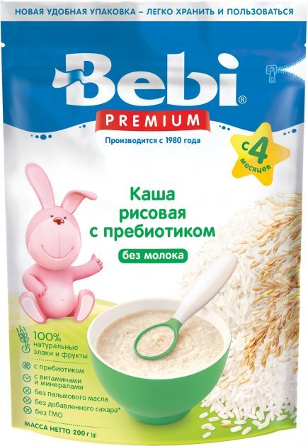 Каша безмолочная Bebi Premium Рисовая с пребиотиками, с 4 месяцев, 200 г