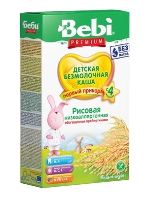 Каша безмолочная Bebi Premium Рисовая с пребиотиками, с 4 месяцев, 200 г