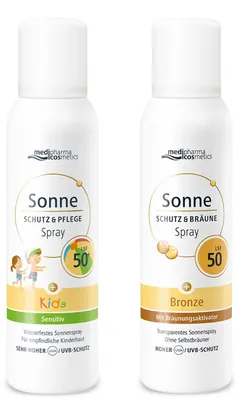Набір Medipharma Cosmetics Sonne (Сонцезахисний спрей-аерозоль SPF50+ Kids 150 мл + Сонцезахисний спрей-аерозоль SPF50 для підсилення засмаги 150 мл*)