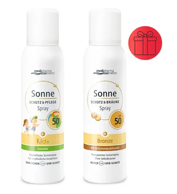 Набір Medipharma Cosmetics Sonne (Сонцезахисний спрей-аерозоль SPF50+ Kids 150 мл + Сонцезахисний спрей-аерозоль SPF50 для підсилення засмаги 150 мл*)
