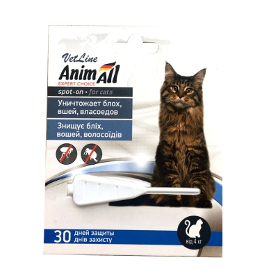 Капли на холку AnimAll VetLine Spot-On от паразитов для кошек весом от 4 до 8 кг, 1 мл