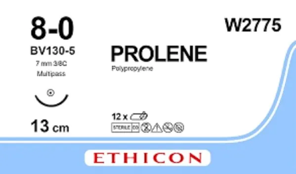 Шовний матеріал хірургічний Prolene W2775 р. USP 8/0 нерозсмоктуючий довжина 13 см, голка колюча 6,5 мм, 3/8 кола BV130