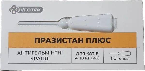 Празистан плюс антигельмінтні краплі на холку для котів 4-10 кг, 1 піпетка по 1 мл