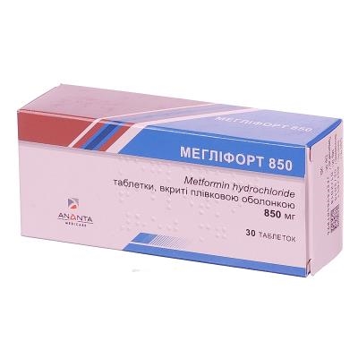 Мегліфорт 850 таблетки, в/плів. обол. по 850 мг №30 (10х3)