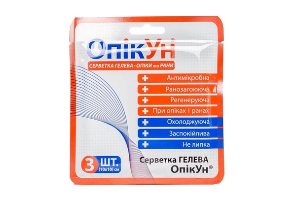 Салфетка гелевая ОпикУн антимикробная 10 см х 10 см, 3 штуки