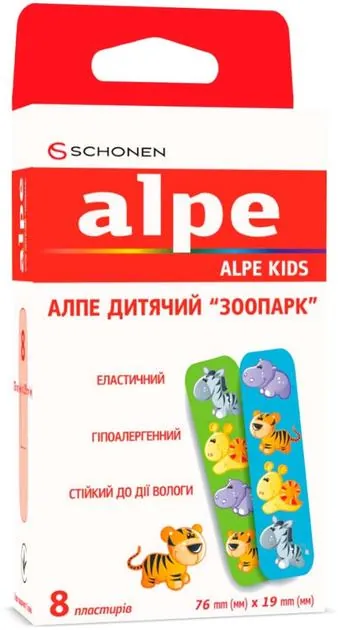 Пластир медичний Alpe Kids Дитячий Зоопарк на нетканій основі, 76 мм х 19 мм, 8 штук