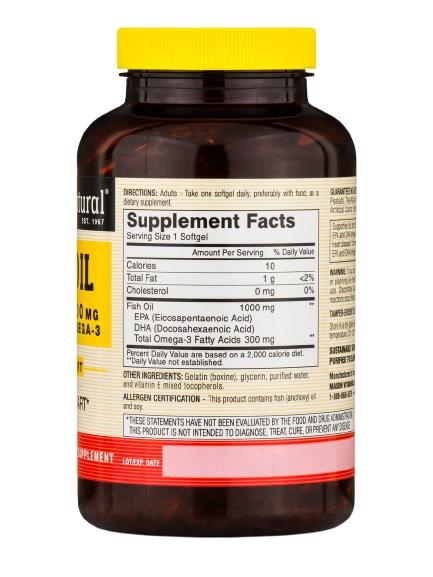 Риб'ячий жир 1000 мг з Омега-3 300 мг Mason Natural Omega-3 Fish Oil, 200 гелевих капсул