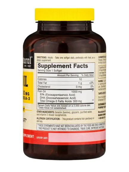 Риб'ячий жир 1000 мг з Омега-3 300 мг Mason Natural Omega-3 Fish Oil, 200 гелевих капсул