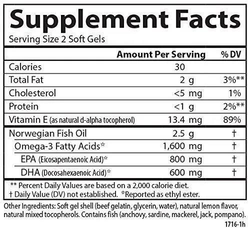 Омега-3 Carlson Labs Elite Omega-3 1600 мг со вкусом лимона, 60 капсул