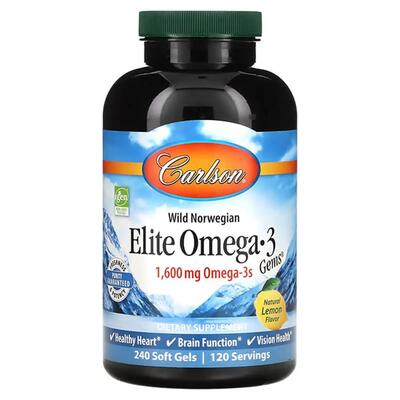 Омега-3 Carlson Labs Elite Omega-3 1600 мг со вкусом лимона, 240 капсул