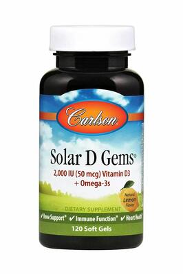 Рыбий жир с витамином D3 Carlson Labs Solar D Gems 2000 МЕ со вкусом лимона, 120 капсул