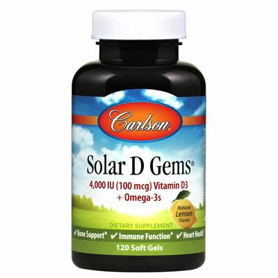 Рыбий жир с витамином D3 Carlson Labs Solar D Gems 4000 МЕ со вкусом лимона, 120 капсул