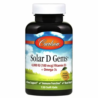 Риб'ячий жир з вітаміном D3 Carlson Labs Solar D Gems 4000 МО зі смаком лимона, 120 капсул