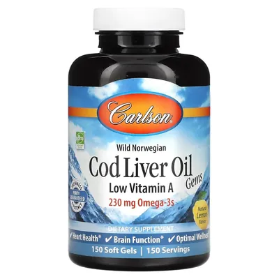 Риб'ячий жир з печінки тріски Carlson Labs Cod Liver Oil 230 мг з низьким вмістом вітаміну А, 150 капсул