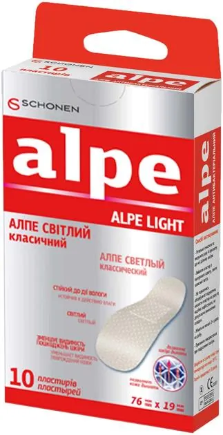 Пластир медичний Alpe Light на тканинній основі світлий, класичний 76 мм х 19 мм, 10 штук